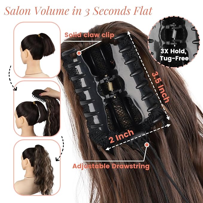 Claw Clip Ponytail Extension 18 Inch Curly Wavy Ponytail Extension Jaw Clip on Pony Tails Hairpiece for Women Fluffy Natural Synthetic for Daily Use (Dark Brown Mixed Honey Brown)