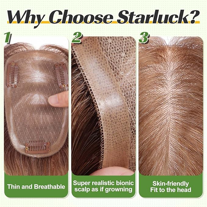 starluck Human Hair Toppers for Women with Thinning Hair, 10 Inch Real Hair Topper, 5.5x3.5 Inch Silk-like Skin Base Hairpiece, With Bangs (Brown)
