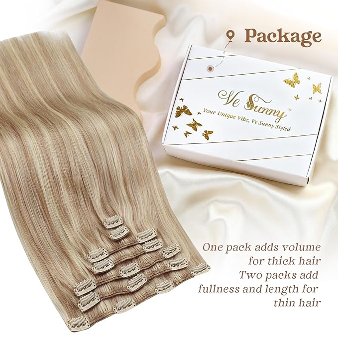 Ve Sunny Clip in Hair Extensions Real Human Hair Highlights Human Hair Clip in Extensions Dark Ash Blonde Highlights Light Blonde Real Hair Extensions Clip in Human Hair Comfortable 7pcs 20inch 120g