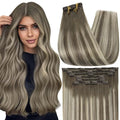 Full Shine Clip in Human Hair Extensions 20 Inch Seamless Clip in Extensions Straight Remy Hair Cool Ash Brown Ombre Highlight Blonde Hair Extensions Clip ins 7 Pcs 120 G