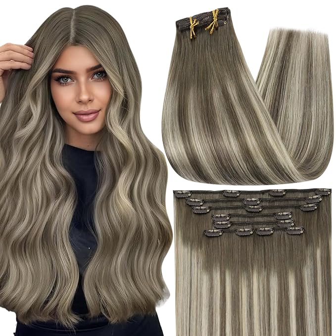 Full Shine 24 Inch Hair Extensions Real Human Hair Clip ins Balayage Brown Seamless Human Hair Clip in Extensions Ash Brown Ombre Cool Blonde Real Remy Hair Extensions 7 Pcs 120 G