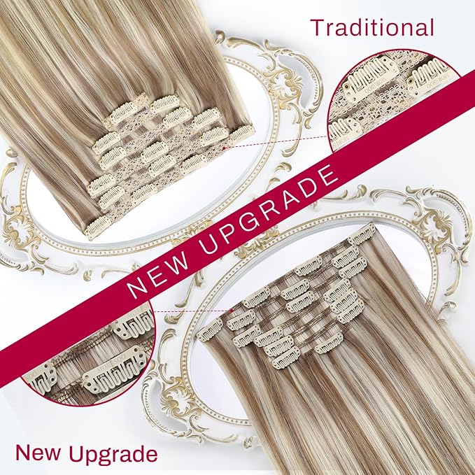 Moresoo Human Hair Clip in Extensions Ombre Cool Brown to Medium Blonde with Light Brown Clip in Hair Extensions Short Real Human Hair Clip ins Double Weft 80g/5pcs 14 inch