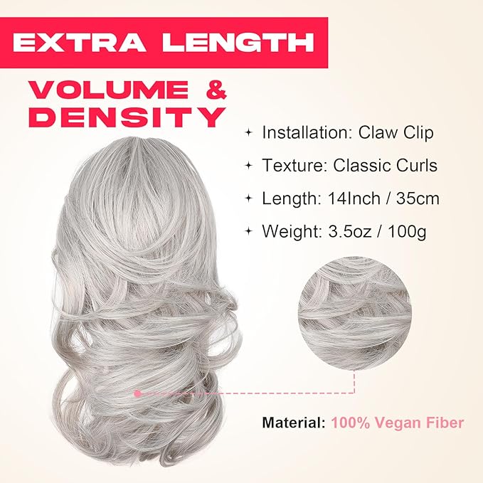 Ponytail Extension - 14" Claw Clip in Ponytail Hair Extensions Natural Soft Synthetic Layered Wavy Pony Tail Hair Pieces for Women - Silver Mist