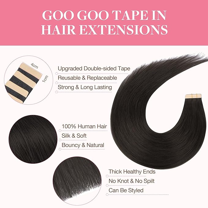 GOO GOO Tape in Hair Extensions Human Hair, 2 Dark Brown, 10inch 60g 40pcs, Skin Weft Seamless Invisible, Silky Straight with Thick Ends, Remy Human Hair