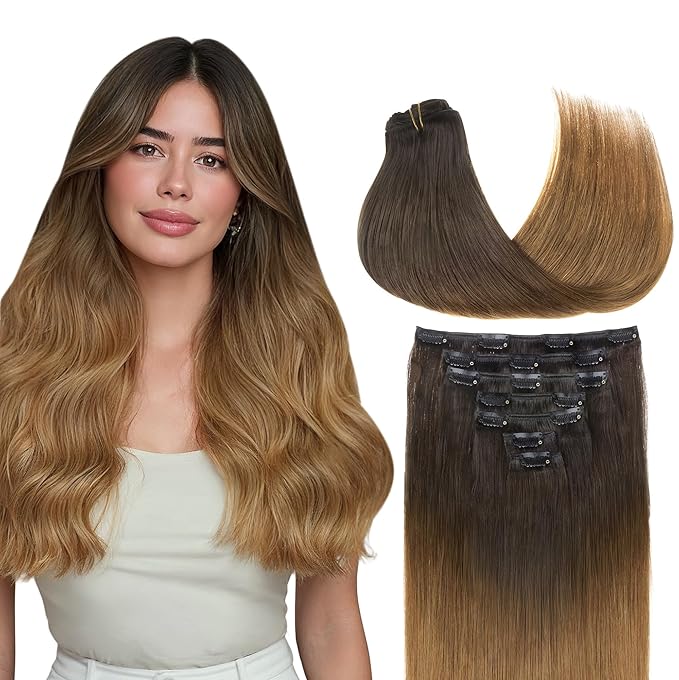 GOO GOO Clip in Hair Extensions Real Human Hair, Remy Human Hair Extensions Clip ins for Women, Natural Human Hair, 14inch 120g 7Pcs, 1D/2C/4E Chocolate Dip Color Melt