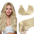 GOO GOO Tape in Hair Extensions Human Hair, 18ET90A Natural Blonde Balayage, 16inch 50g 20pcs, Skin Weft Seamless Invisible, Silky Straight with Thick Ends, Remy Human Hair