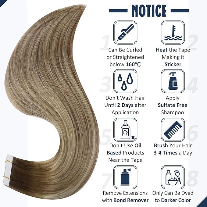 Full Shine Invisible Tape in Hair Extensions 18Inch Remy Tape in Color Dark Brown 3 Fading to 8 and 22 Blonde Double Sided Real Human Hair Extensions 20 Pcs 50G Seamless Brazilian for Wedding