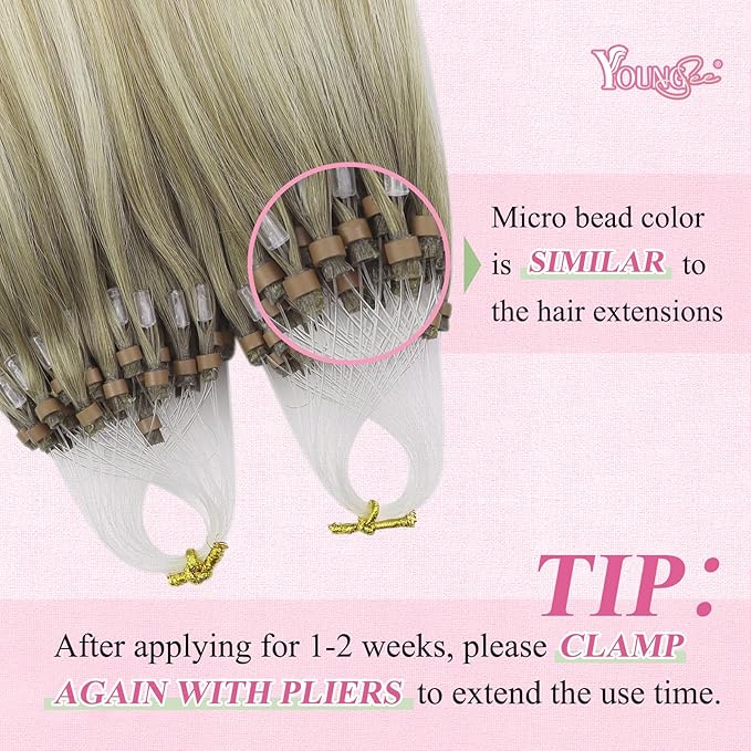 YoungSee Micro Link Hair Extensions Human Hair Ombre Blonde Micro Bead Hair Extensions Blonde to Platinum Blond Beaded Hair Extension Real Human Hair Balayage Remy Hair for School 14In 50s/50g