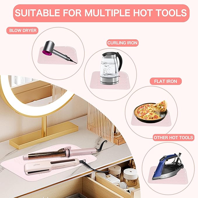 Heysam Heat-Resistant Silicone Mat and Heat Styling Tools Travel Mat Cover for Curling Irons, Hair Straighteners, Flat Iron, Professional Heat-Resistant/Non-Slip Mat for Countertop, 9"x6.5"-Blush