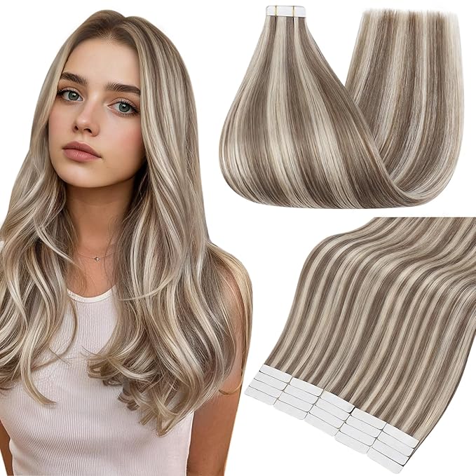Full Shine Tape in Hair Extensions 22 Inch Color 8 Brown and 60 Blonde 50 Grams Remy Tape in Extensions Human Hair Invisible Human Hair Extensions Tape Ins 20PCS Add Length
