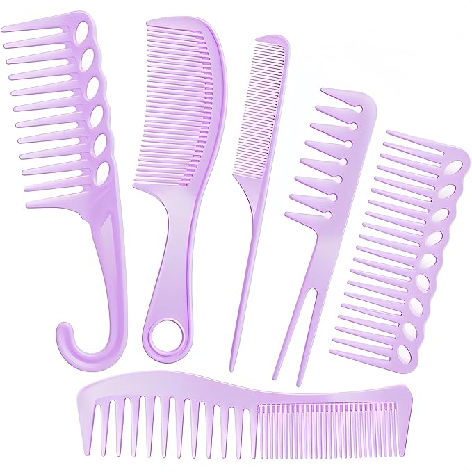 6PCS Professional Hair Comb Set for Women & Men Rat Tail, Wide & Fine Tooth Combs for Curly Hair, Braiding, Barber Styling, Cutting & Parting (Purple)