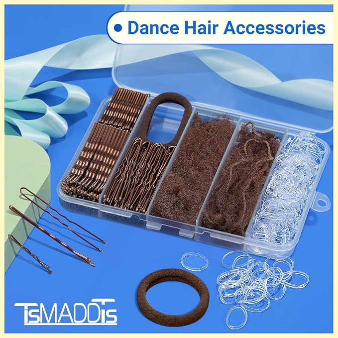 TsMADDTs Bobby Pins and Hair Nets Set, Hair Accessories for Women with Invisible Nets for Ballet Bun(11.81&19.86IN), U Pins for Dance(1.37&2.36IN), Elastic Bands, Clear Rubber Bands
