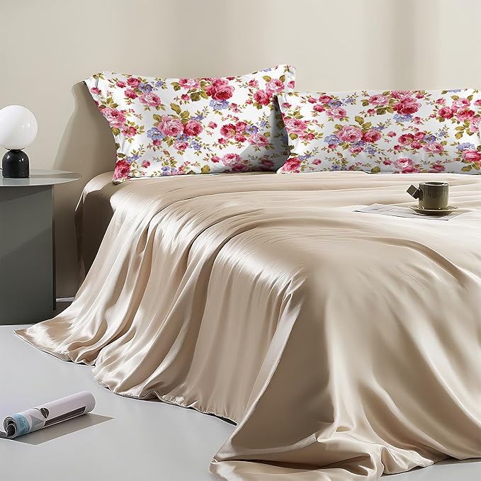 Rose Flower Floral Satin Pillow Case Queen Size,Soft Pillowcases for Hair and Skin Similar to Silk,Pillowcases with Hidden Zipper Bedding Accessories,20X30 Inches,1 Pack