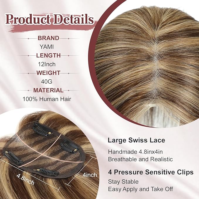 YAMI Real Human Hair Toppers for Women, 12 Inch, Dark Brown, Swiss Lace Base, Medium Density, Full Top Coverage, Clips Attachment