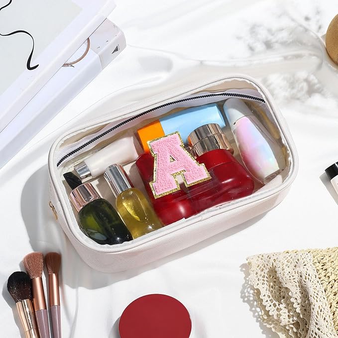 YOOLIFE Initial Make Up Bag Travel Toiletry Bag, Clear Makeup Bag Preppy Cosmetic Bag Travel Essentials Gifts for Women Teen Girlfriend Teacher Mom Birthday Daughter Gifts Swim Gifts For Girls White G