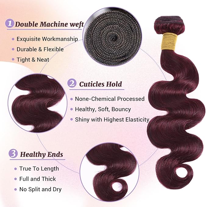 99J Body Wave Human Hair Bundles Burgundy Dark Red Wine Color Body Wave Bundles 100% Real Human Hair And True To Length 14 16 18 Inch 3 Pcs/Pack