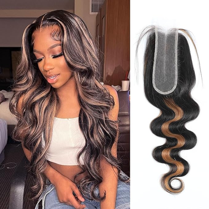 P1B/30 2x6 HD Lace Closure Body Wave Human Hair Highlight Brown Black Color Transparent Lace Closure 2x6 Long Deep Middle Part 100% Raw Virgin Human Hair 20 Inch 150% Density