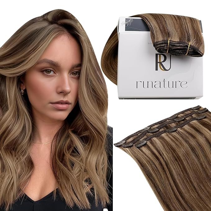 RUNATURE Short Hair Extensions Clip Ins, 10 Inch Real Clip in Hair Extensions for Women, Double Weft Remy Natural Hair, Can Be Styled, 50g 3pcs, #3P12 Walnut Brown Highlight Honey Blonde