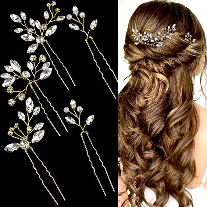 5 Pieces Bride Hair Pins Rhinestone Bridal Hair Piece for Women Crystal Hair Accessories for Bride Bridesmaids Flower Girls(Gold)
