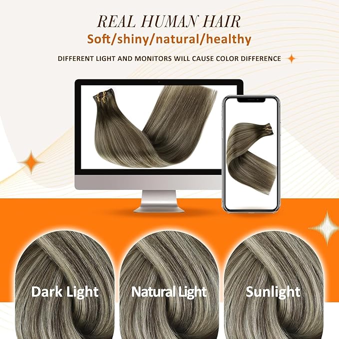 Full Shine Balayage Clip in Hair Extensions 18 Inch Ash Brown to Cool Blonde Real Human Hair with PU Weft Clip in Hair Extension Real Human Hair 8 PCS 120 G