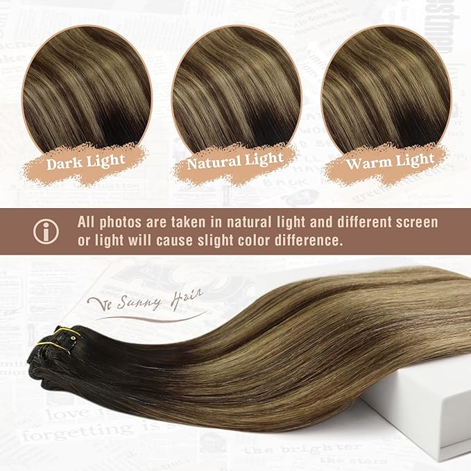 Ve Sunny Clip in Hair Extensions Real Human Hair, Human Hair Extensions Clip ins Black Root Balayage Brown Blonde Remy Hair Extensions, Clip in Human Hair Extensions, 7pcs 120g 18 Inch