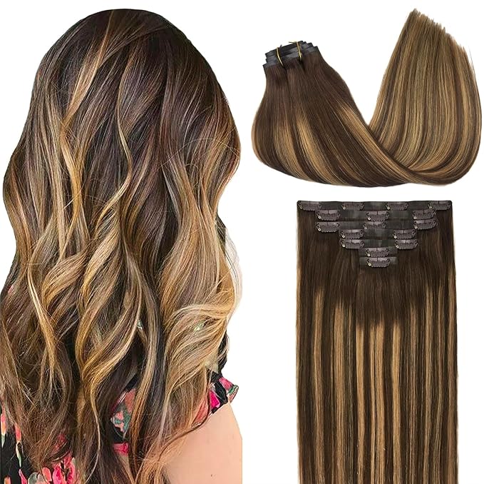 GOO GOO Clip in Hair Extensions Real Human Hair, Remy Human Hair Extensions Clip ins for Women, Natural Human Hair, 12inch 85g 7Pcs, #4/27/4 Balayage Chocolate Brown to Caramel Blonde