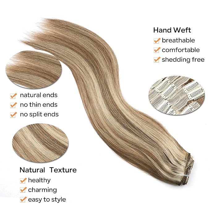 Straight Clip In Hair Extensions Real Human Hair 8Pcs Clip In Balayage Chestnut Brown Highlight Blonde Human Hair Extensions with 18Clips Lace Weft 120g 14inch