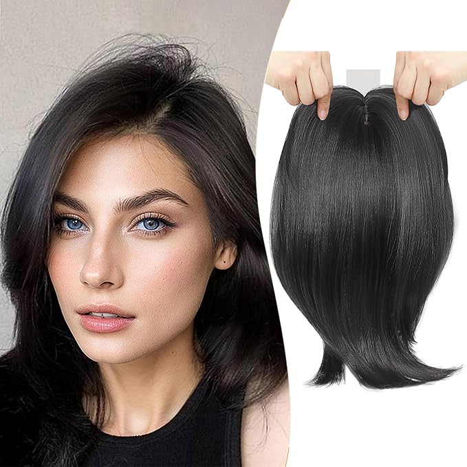 CROWN GUIDE 12 Inch Hair Toppers for Women with Thinning Hair - Synthetic Clip in Topper with Bangs Breathable Hairpiece 6.5x6.5 Base, Instantly Adds Volume & Wiglets Full Coverage (Black Brown)