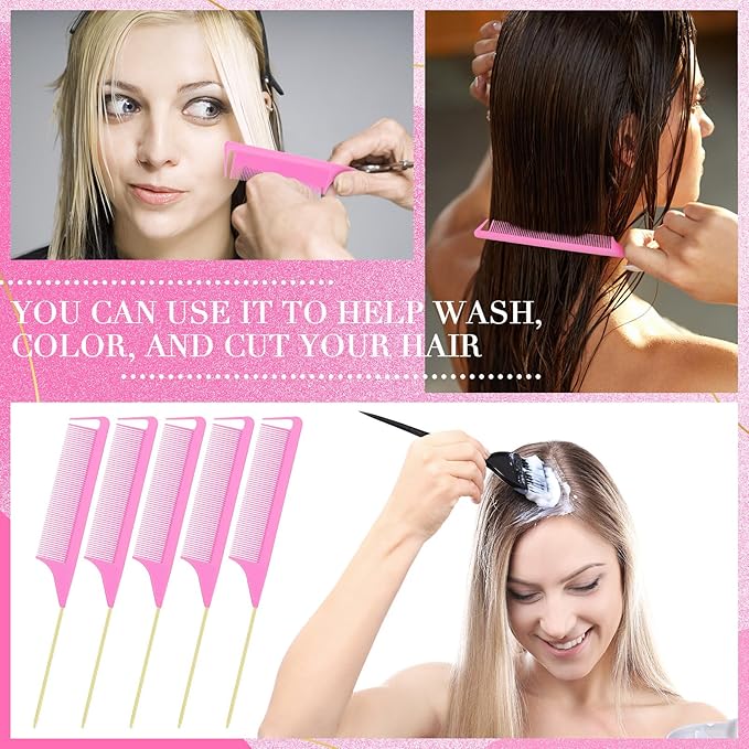 Patelai 30 Pieces Rat Tail Combs Bulk, Hair Teasing Fine Tooth Pintail Combs Braiding Hair Styling Tools with Steel Pin for Stylists Salon Teasing Sectioning Coloring Detangling(Pink and Gold)