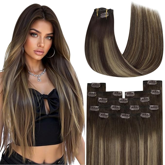 YoungSee 150g Balayage Clip in Hair Extensions Human Hair Chocolate Brown Mix Caramel Blonde Balayage Hair Extensions Clip in Human Hair Softness Clip ins Extension Straight Hair 20inch 7pcs