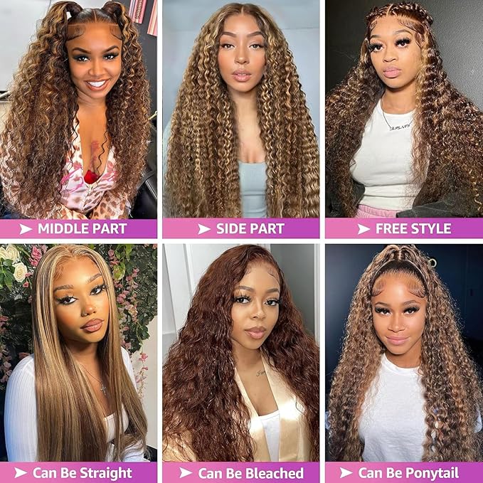 Highlight Ombre 13x6 Lace Front Wig Human Hair 210 Density 12 Inch Deep Wave Honey Blonde Glueless HD Transparent Lace Frontal Wigs for Women