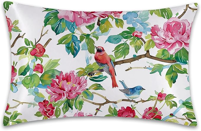 Satin Pillowcase 1 Pack-Pink Roses Flowers and Red Birds Silky Pillow Cover for Hair and Skin,Standard Size 20x26 Inch Soft Cooling Printed Pillow Cases with Hidden Zipper,Gifts for Women Men