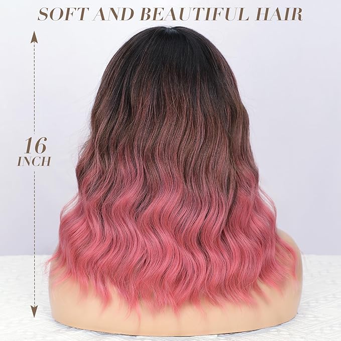 Nnzes Pink Wig with Bangs for Women Short Bob Wavy Charming Synthetic Wigs with Natural Shoulder Length Curly Heat Resistant Fiber Hair for Daily Party Use