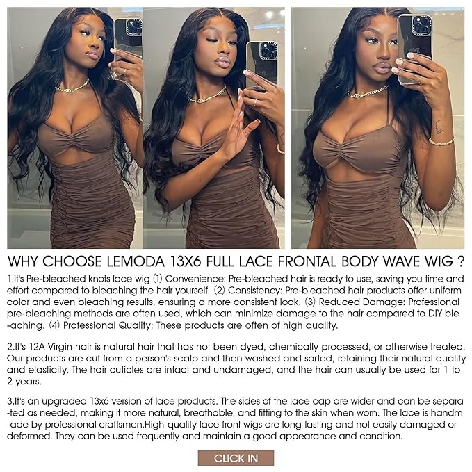 Lemoda Body Wave 13x6 Full Lace Frontal Virgin Human Hair Wigs 210% Density Body Wave Top 15A 13x6 HD Transparent Lace Front Wig Pre-Bleached Knots Invisible Lace Tiny Knots 34Inch