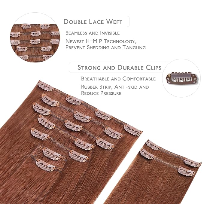 WENNALIFE Clip in Hair Extensions Real Human Hair, 16 Inch 150g 9pcs Human Hair Extensions Clip In, Dark Auburn Copper Hair Extensions Clip In Real Hair Coloured Remy Human Hair Extensions