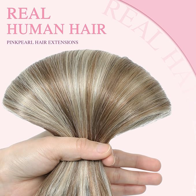 PINKPEARL Clip in Hair Extensions Straight Human Hair #8P60 Ash Brown Highlighted Platinum Blonde Clip in Extensions Remy Real Human Hair Extensions 7pcs 120g 14 Inch(#8P60-14)