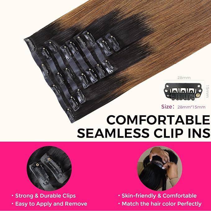 Lashey Seamless Clip in Hair Extensions Human Hair 14 Inch 130g 9pcs Straight Ombre Natural Black to Medium Auburn PU Clip in Hair Extensions Full Human Hair for Women