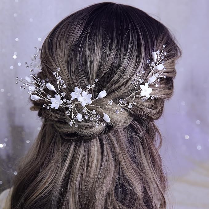 Flower Bridal Hair Pins Pearl Bride Wedding Hair Pieces Leaf U Shaped Hair Accessories Headpiece for Wedding Brides Women Girls（6 PCS） (Silver/Rhinestone White Flower)
