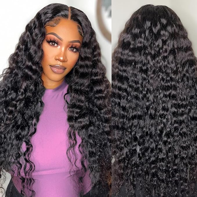 32 Inch Water Wave Lace Front Wigs Human Hair Pre Plucked 13X6 Lace Front Wigs Human Hair 200 Density Deep Part Curly Wig for Women Natural Black