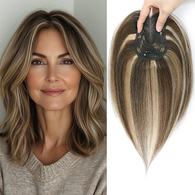 YAMI Hair Toppers for Women Fluffy Human Hair Topper 10inch Handmade Swiss Base Hairpieces 360° Cover Hairloss (Medium Brown with Highlight)
