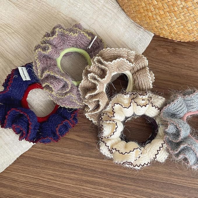 2 Pcs Soft Fabric Scrunchies for Hair,3.9 inch Medium Elastic Hair Ties Ropes Crochet Knit Silky Scrunchie for Women-Khaki