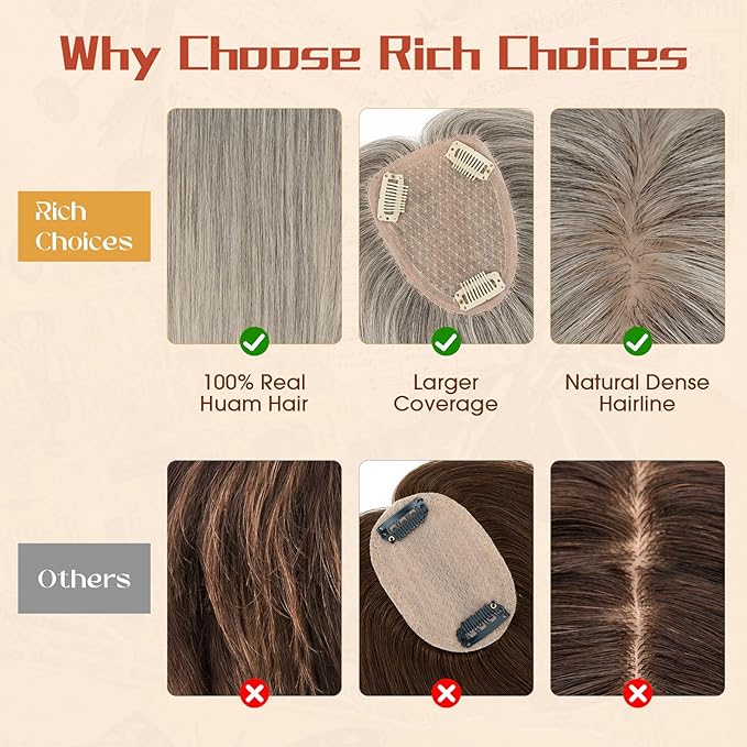 Rich Choices Human Hair Toppers for Women-100% Real Remy Hair Topper No Bang-Upgraded 150% Density 9 * 12CM Lace Base-Clip in Hairs Topper for Thinning Hairs-14Inch #G3 Salt and Pepper Grey
