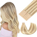 GOO GOO Tape in Hair Extensions Human Hair, 18A/613A Dark Blonde Highlighted Bleach Blonde, 14inch 25g 10pcs, Skin Weft Seamless Invisible, Silky Straight with Thick Ends, Remy Human Hair