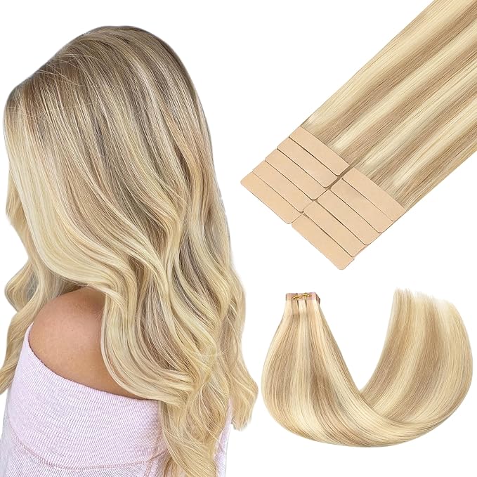 GOO GOO Tape in Hair Extensions Human Hair, 18A/613A Dark Blonde Highlighted Bleach Blonde, 24inch 30g 10pcs, Skin Weft Seamless Invisible, Silky Straight with Thick Ends, Remy Human Hair