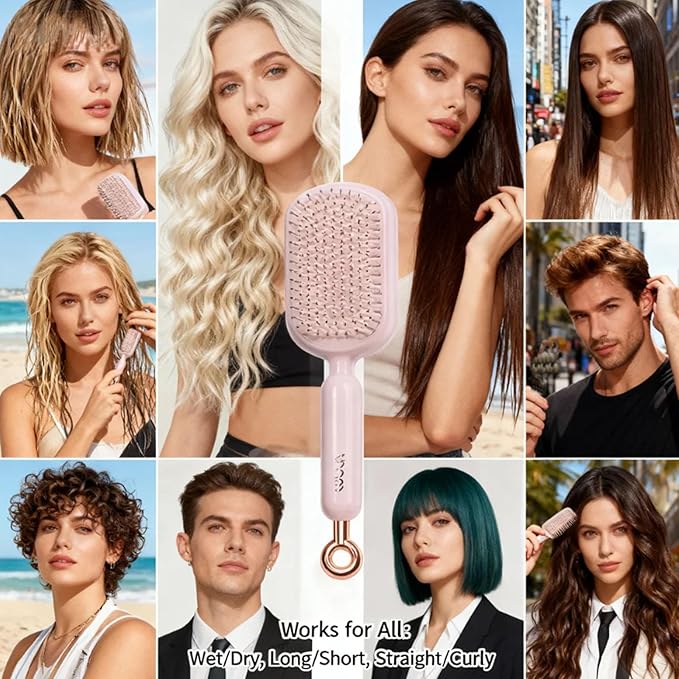 Retractable Cushion Massage Comb for Wet & Dry Hair, Anti-Static Self Cleaning Hair Brush for All Hair Types, Soft Bristles, Easy Eliminates Knots, Detangling Hairbrush for Women Men (Blue)