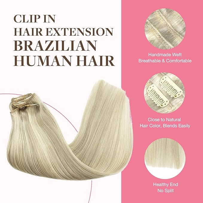 GOO GOO Clip in Hair Extensions Real Human Hair, Remy Human Hair Extensions Clip ins for Women, Natural Human Hair, 14inch 150g 9Pcs, 17A/60A Ash Blonde Highlighted Platinum Blonde