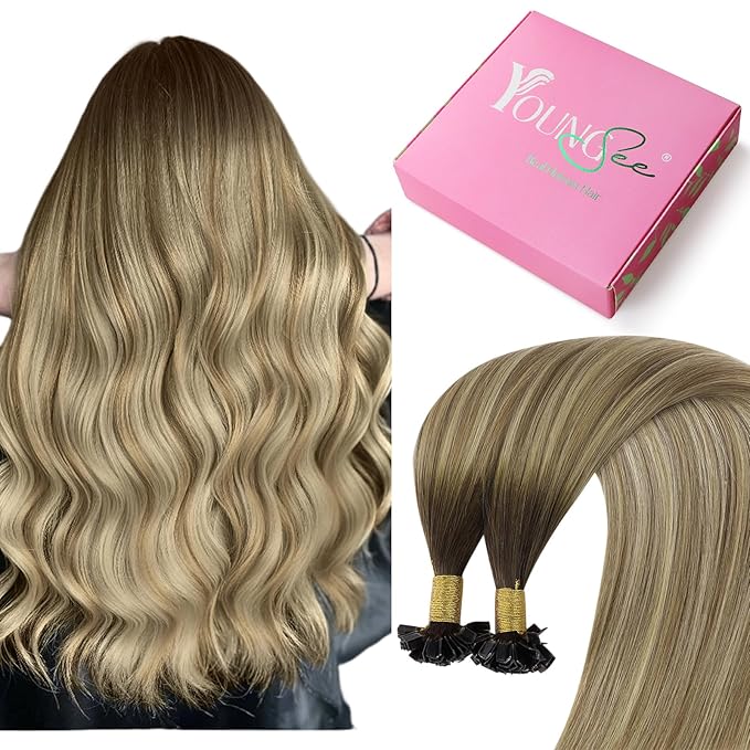 YoungSee K Tip Hair Extensions Balayage 22In Keratin Hair Extensions Human Hair Ombre Dark Brown to Brown with Blonde Straight 50s/50g