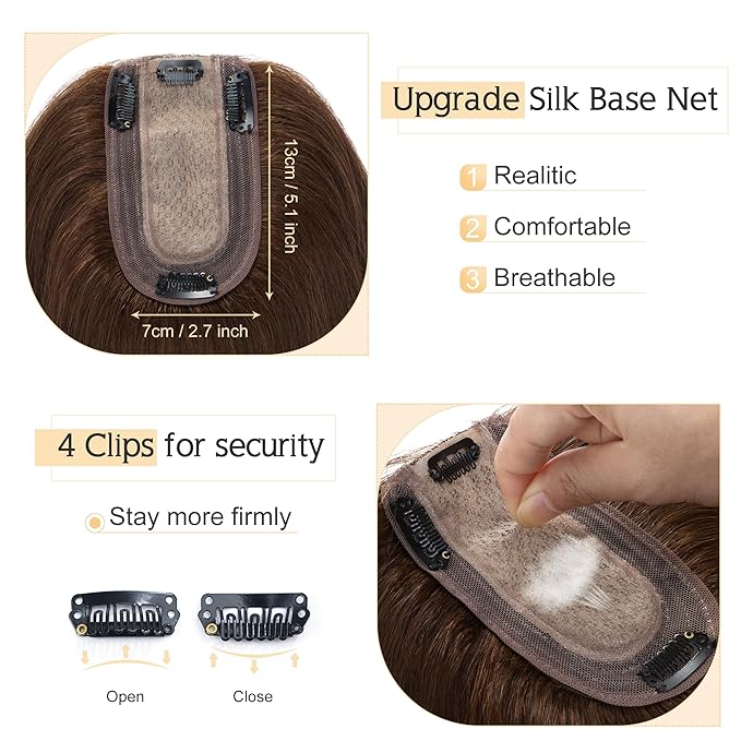 SEGO Human Hair Toppers for Women With Thinning Hair, 7 * 13CM Silk Base 100% Real Human Hair Clip in Top Wiglet Hairpieces /14 Inch No Bangs Medium Brown