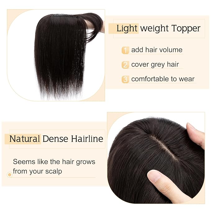 SEGO Hair Toppers for Women Real Human Hair With Bangs, 7 * 13CM Silk Base 100% Remy Human Hair Clip in Top Wiglet Hairpieces Add Volume -16 Inch Natural Black