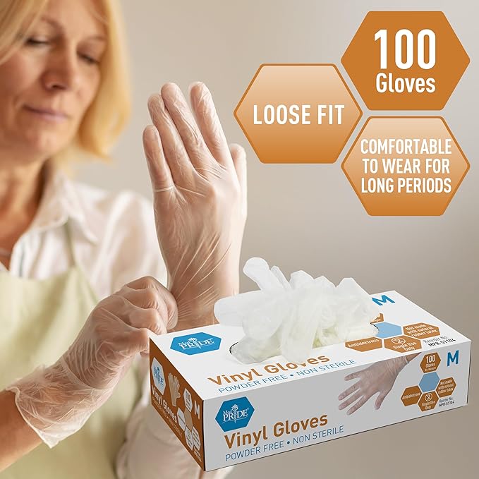 Med PRIDE Vinyl Gloves| Medium Case of 1000| 4.3 mil Thick, Powder-Free, Non-Sterile, Heavy Duty Disposable Gloves| Professional Grade for Healthcare, Medical, Food Handling, and More